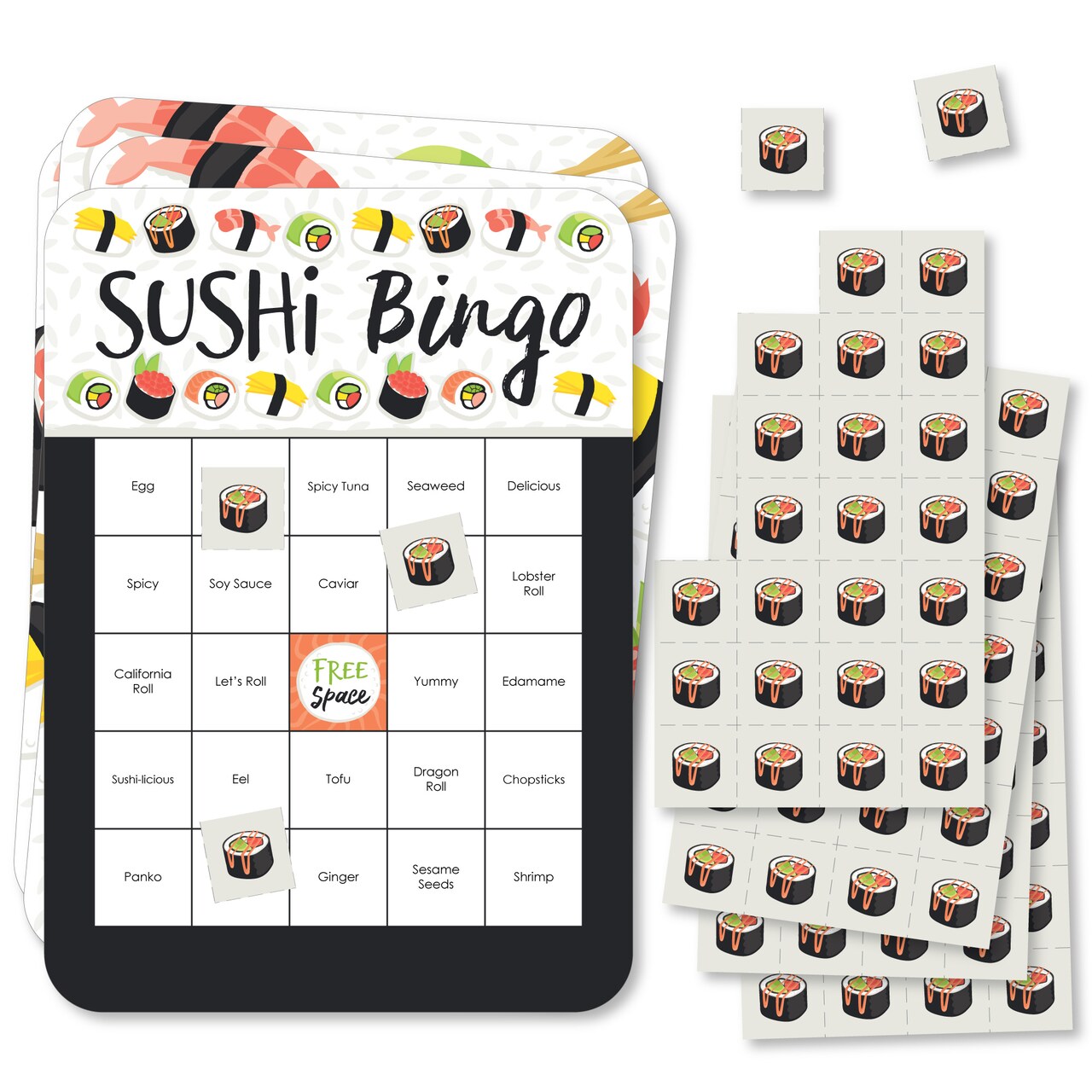 Big Dot of Happiness Let’s Roll - Sushi - Bingo Cards and Markers - Japanese Party Bingo Game - Set of 18